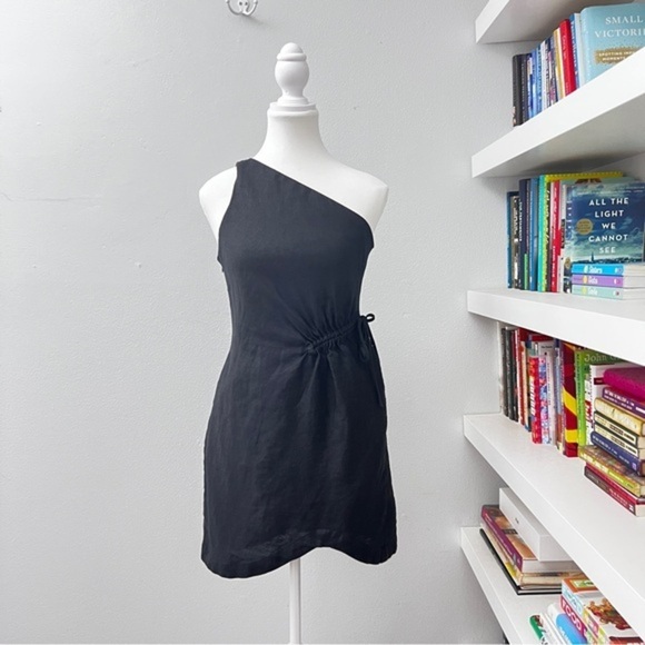 Aulieude Black Linen One Shoulder Mini Dress Australian Size 8 small - Picture 1 of 11